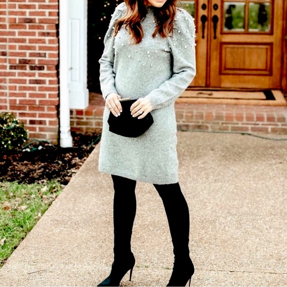 NWOT Ann Taylor Pearlized Mockneck Sweater Dress | Petite Pebble Grey Wool Knit - Picture 9 of 9